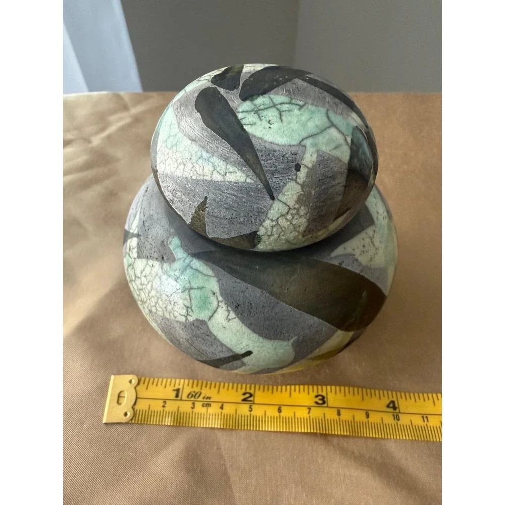 Lynn Dee Studio Pottery Raku Lidded Jar Green Grey Abstract Leaf Signed Art Ware
